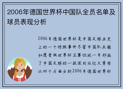 2006年德国世界杯中国队全员名单及球员表现分析