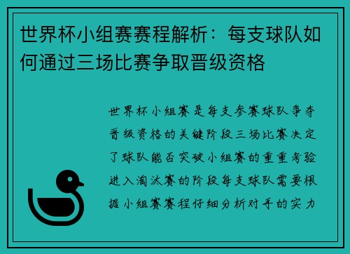 世界杯小组赛赛程解析：每支球队如何通过三场比赛争取晋级资格